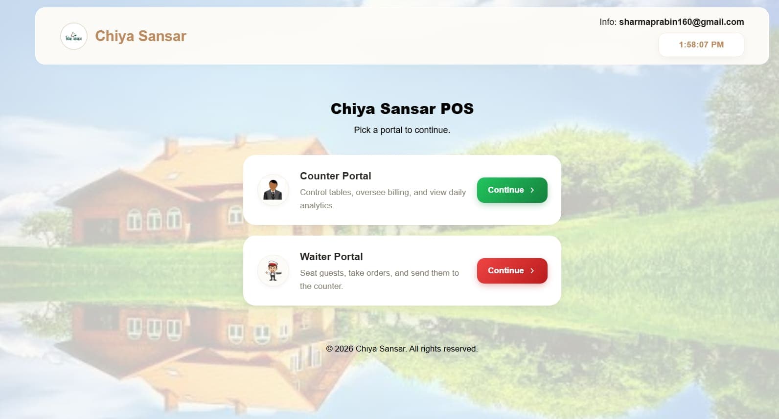 Entry portal — staff choose Counter Admin or Waiter Floor, with a live Nepal-time clock