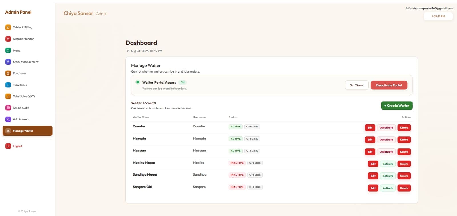 Waiter account management — add, edit and deactivate floor staff