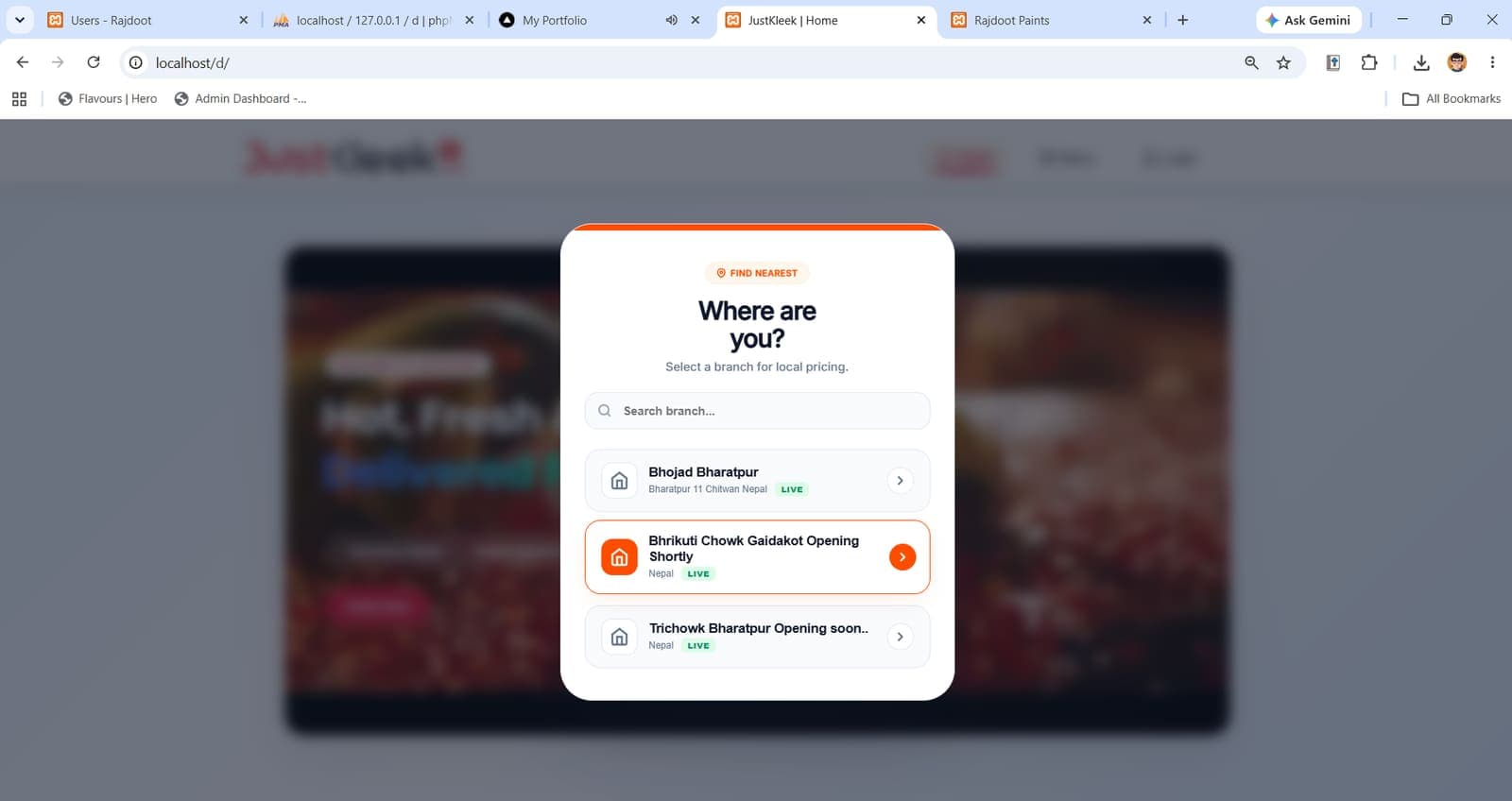 Storefront — customer picks their branch before ordering