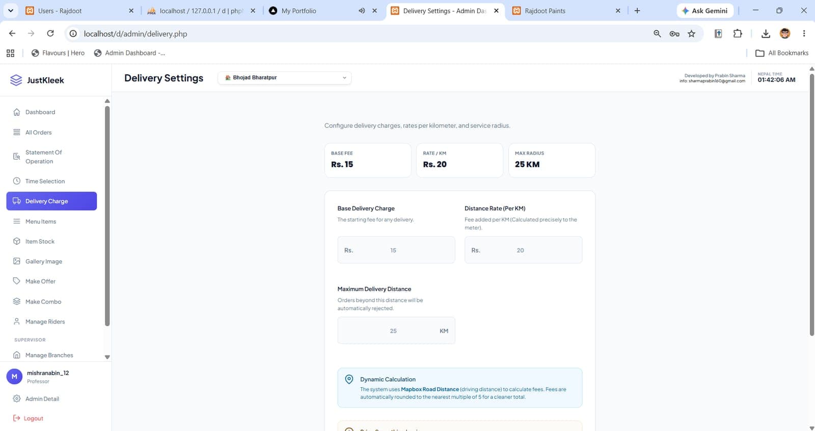 Admin — delivery pricing with Mapbox road-distance calculation