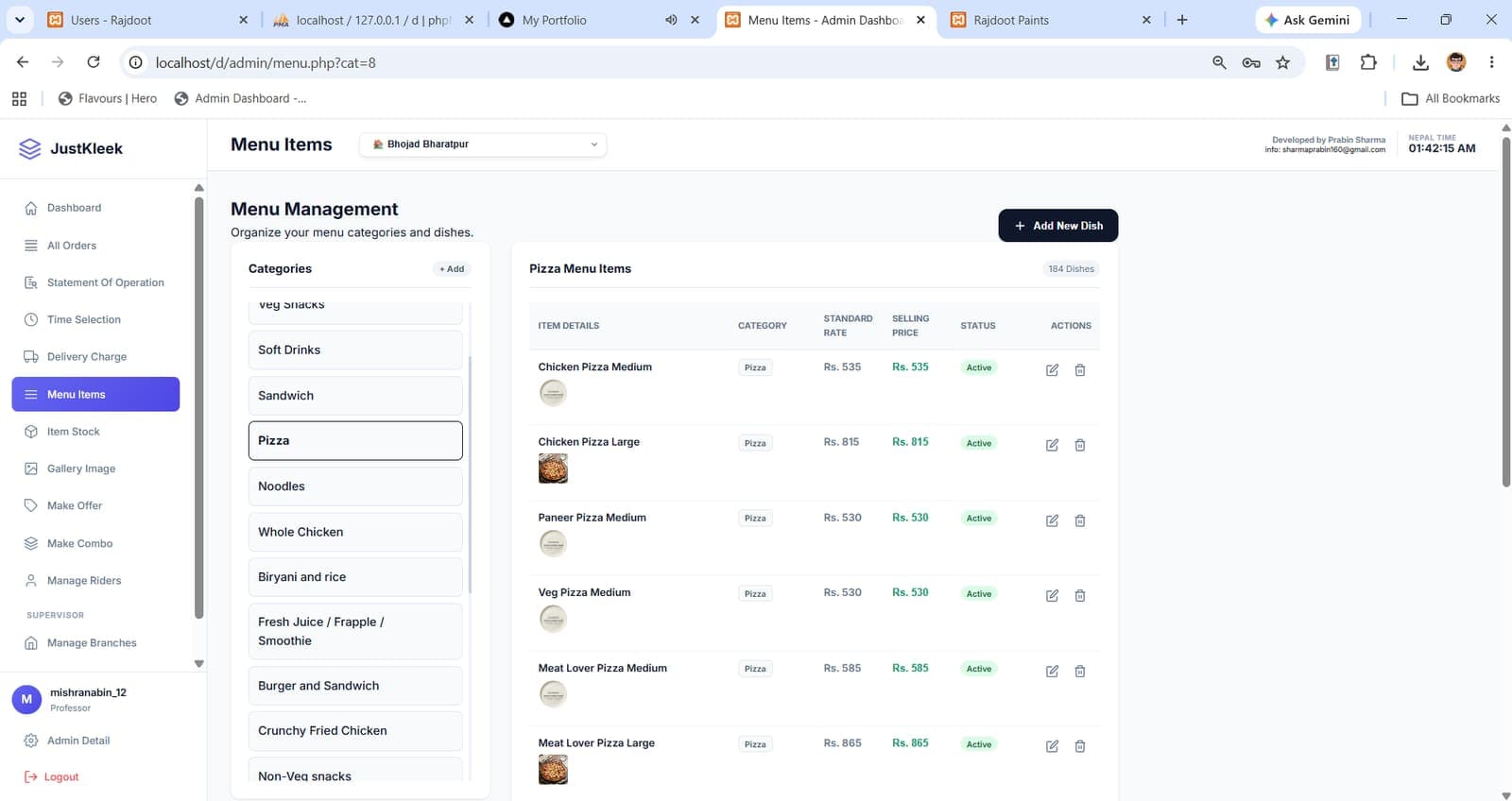 Admin — menu item management