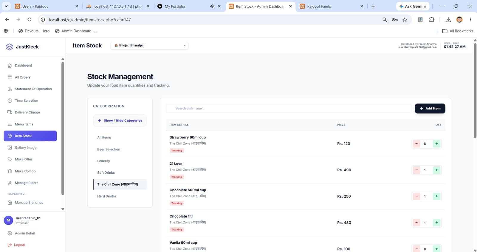 Admin — item stock control