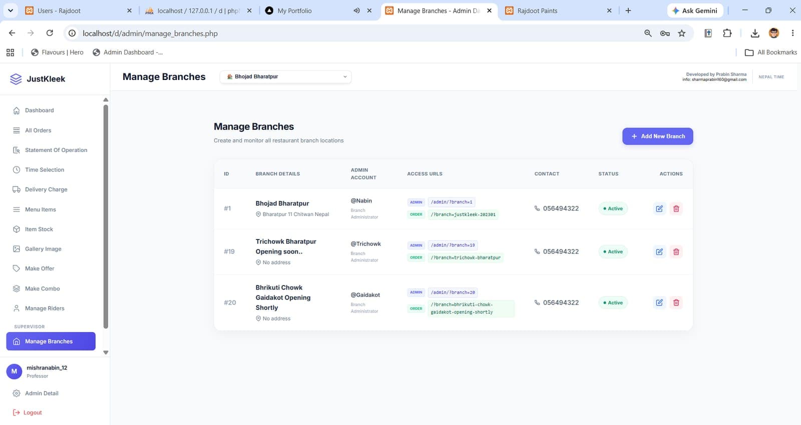 Super admin — branch list with per-branch order URLs
