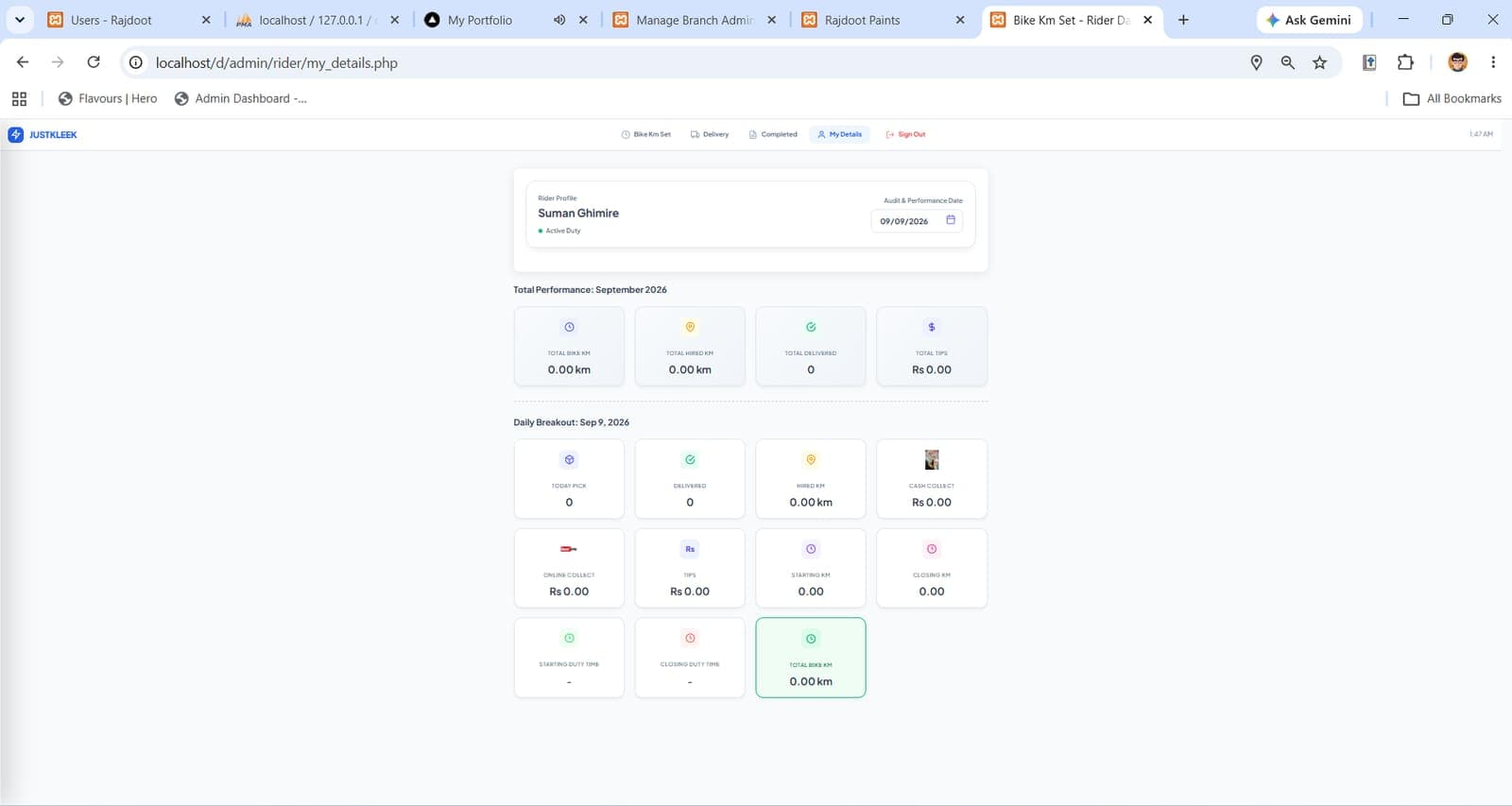 Rider portal — distance, deliveries and earnings dashboard