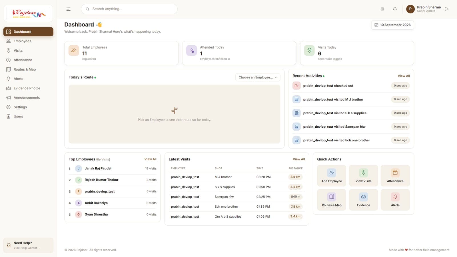 Admin dashboard — team totals, today's route and a live activity feed