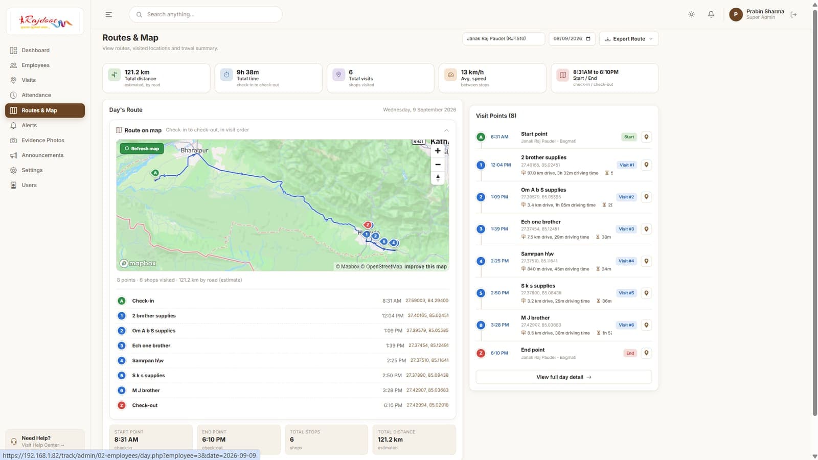 Routes & Map — the day's road route on Mapbox with ordered visit points