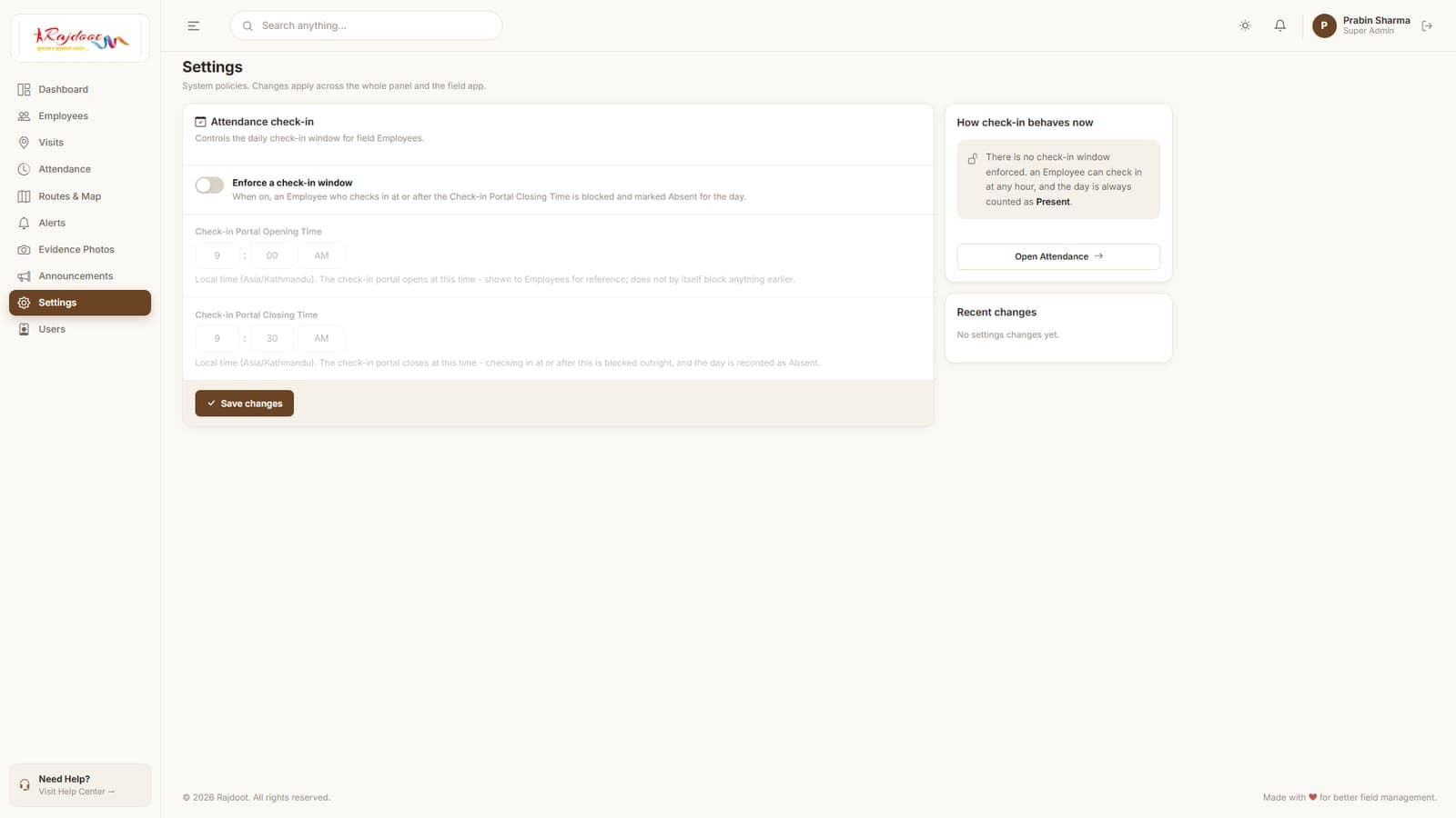 Settings — configurable check-in window policy
