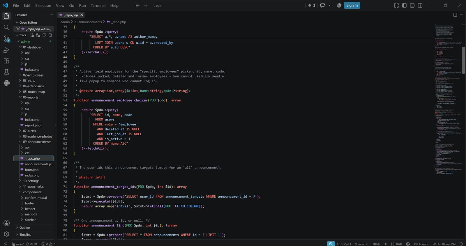 Backend — organised PHP with PDO prepared statements
