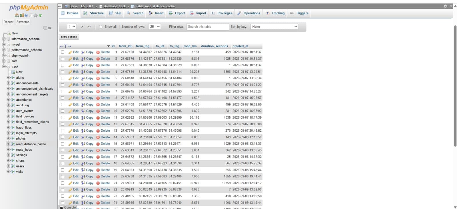 Database — purpose-built schema (visits, attendance, audit log, fraud flags, route cache)