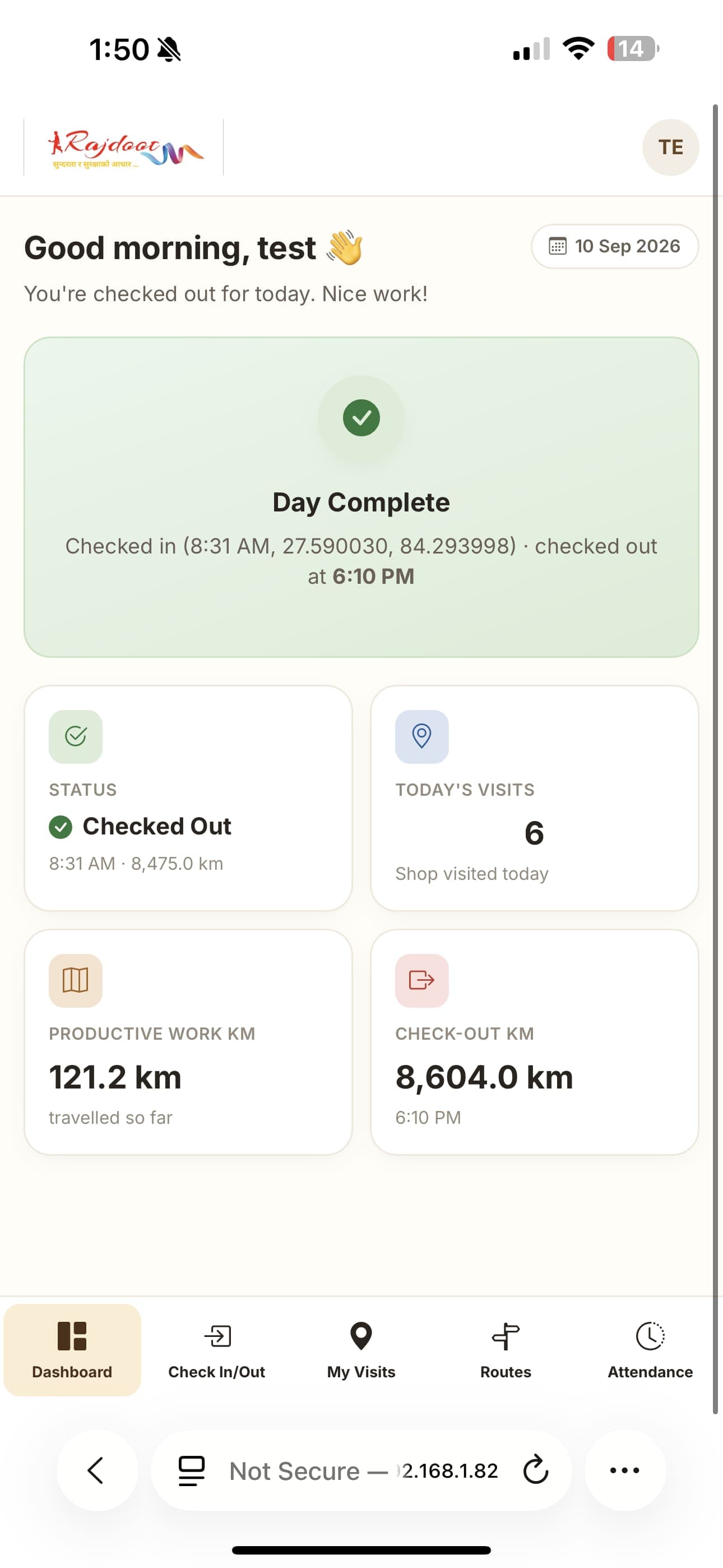 Field app — the employee's daily dashboard
