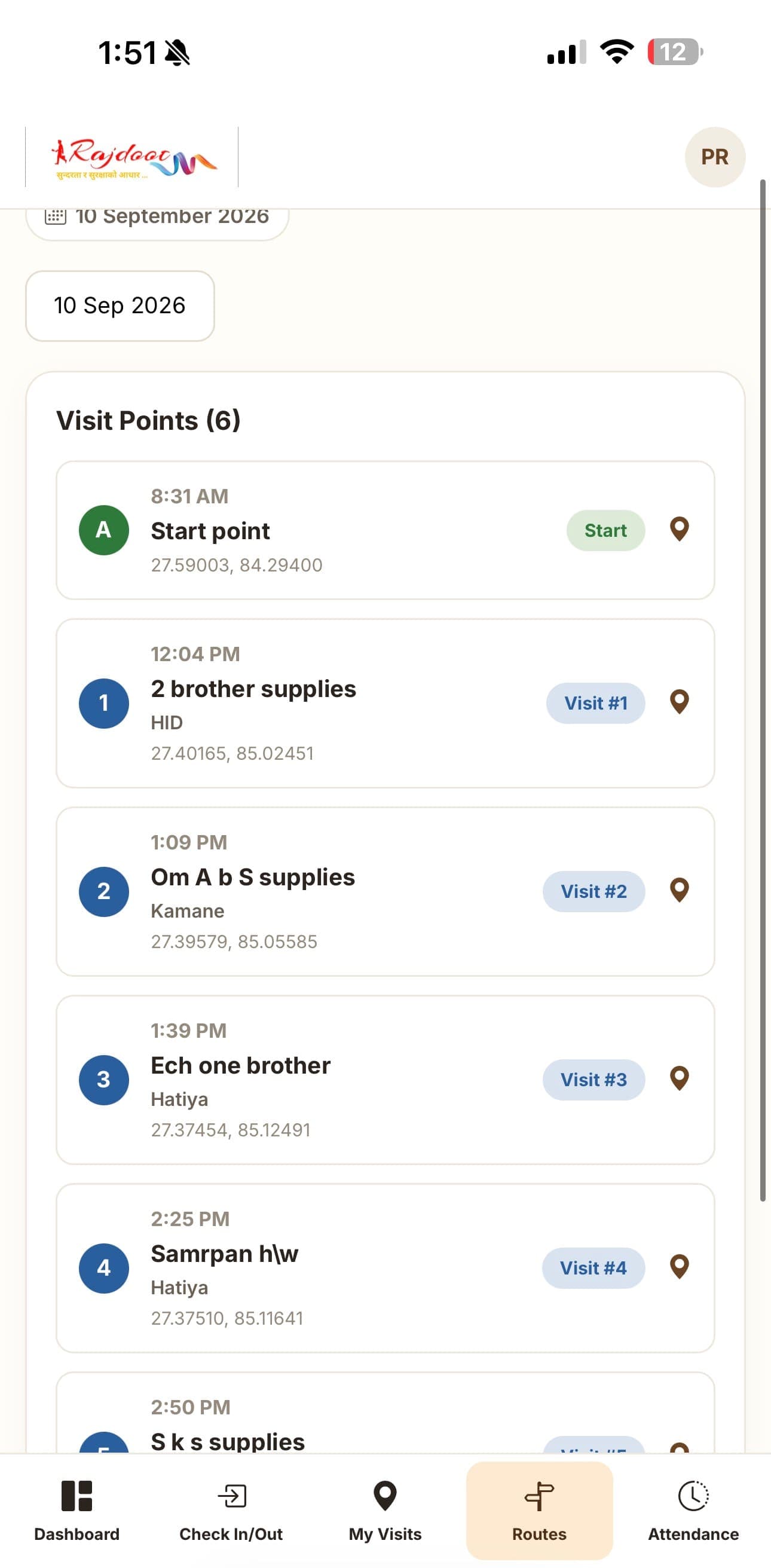Field app — the day's visit points in order