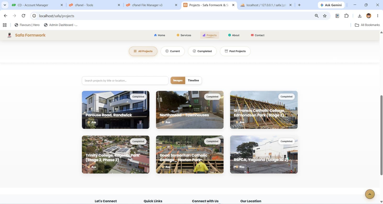 Projects — filterable grid, pulled live from a JSON API