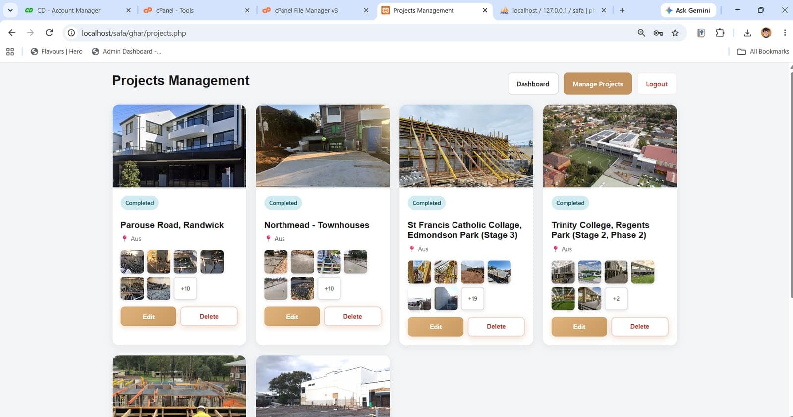 Admin — projects management with cover and gallery images