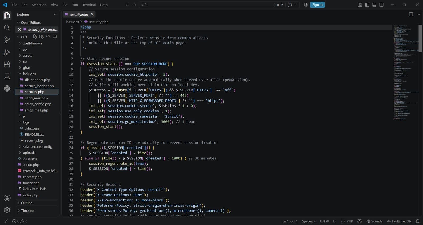 security.php — session hardening and security headers