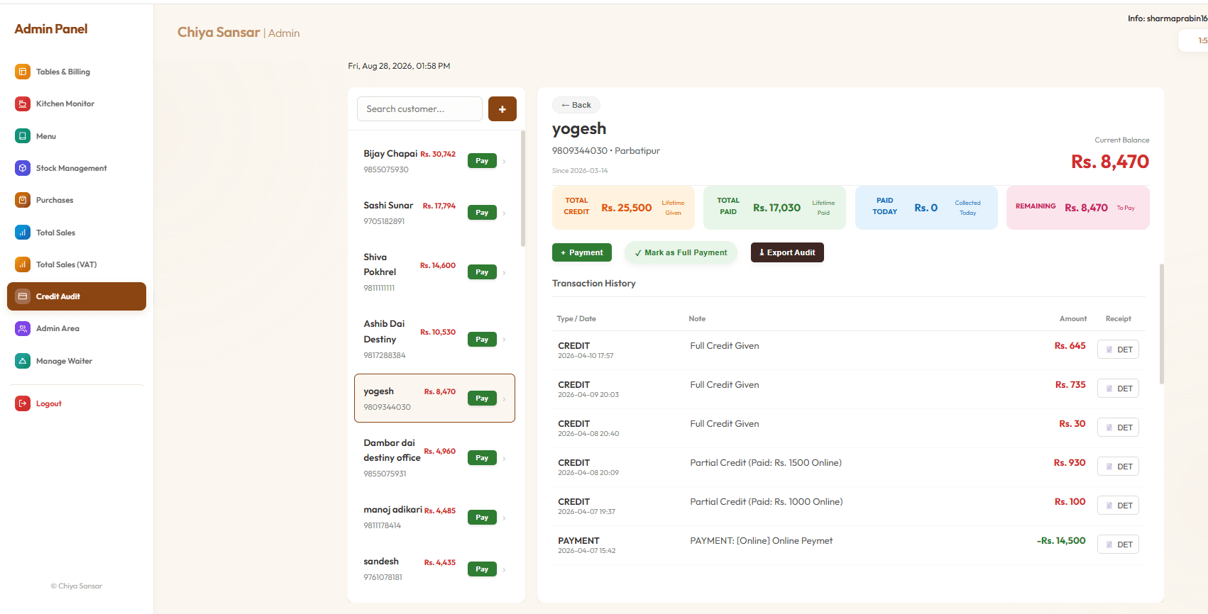 Waiter account management